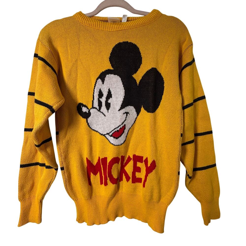 Sm VTG 90s Disney Wear Mickey Mouse Yellow Black Striped Cotton Sweater Rare Y2k